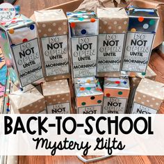 back - to - school mystery gifts are packed in boxes with polka dots on them