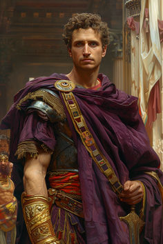 a painting of a man dressed in roman armor and holding his hands on his hips