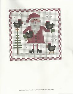 a cross - stitch pattern of santa claus holding a christmas tree and two small birds