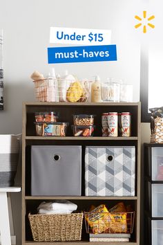 the under $ 15 must haves are displayed on a shelf with bins and baskets