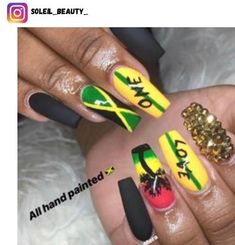 Vacation Nails Black, Vacation Nails Black Women, Jamaican Nail Designs, Jamaica Nails, Nails Black Women, Rasta Nails, Firework Nails, Flag Nails, Usa Nails