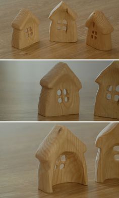 four different views of small wooden houses with holes in the front and back, all made out of wood