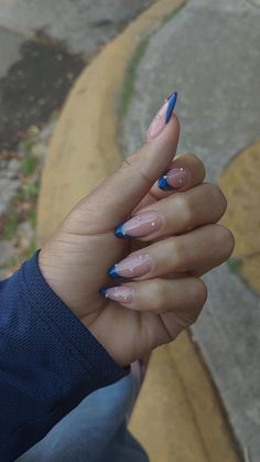 Almond Nails Trendy Simple, Gel X Nail Designs Blue, Royal Blue Chrome French Tip Nails, Royal Blue Nails Designs Almond, Nails To Go With A Navy Blue Dress, Nail Inspo Trendy Blue, Almond Blue Nails Design, Blue Gel X Nail Designs, Blue Nails Summer 2024