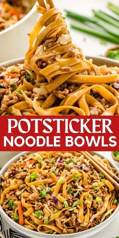 two bowls filled with noodles and topped with sauce, green onions and shredded meat in them