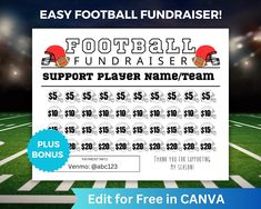 a football fundraiser flyer with the image of a field and stadium lights in the background