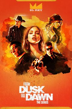 the movie from dusk to dawn is shown in red and orange colors with an image of two