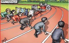 a cartoon depicting men running on a race track