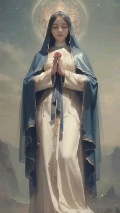 an image of the immaculate mary in blue and white robes with her hands folded up