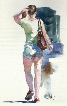 a watercolor painting of a woman walking with her hand on her head and purse over her shoulder