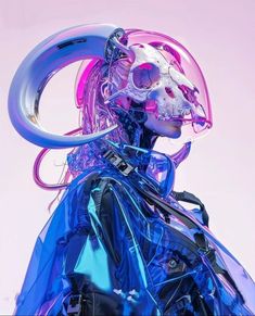 a woman in blue and pink is wearing a mask with large metal rings around her neck