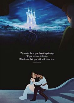 the princess and the frog is kissing in front of a castle with a quote from walt