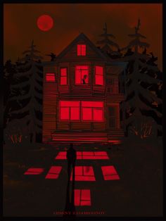 a person standing in front of a house with red light coming from the windows at night