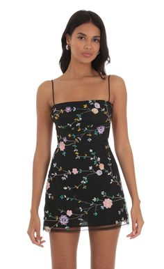 Bliss Floral Sequin Dress In Black | LUCY IN THE SKY Los Angeles, Angeles, Loose Homecoming Dresses, Vintage Hoco Dress, Black Floral Dress Short, Boho Homecoming Dresses, Floral Hoco Dress, Orange Homecoming Dress, Unique Hoco Dresses