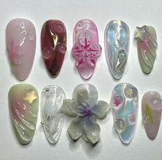 Japanese Nail Art, Japanese 3d Nail Art, Y2k Spring Nails, Strawberry Matcha Nails, Gyaru Nails Simple, Fairy Core Nails, Harajuku Nails, Fairy Nails