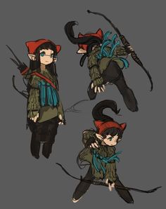 some character designs for an animated video game, with different poses and hair styles on them