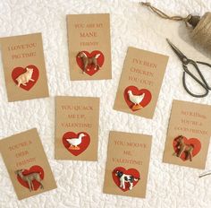 six valentine's day cards with farm animals on them and some yarn next to them