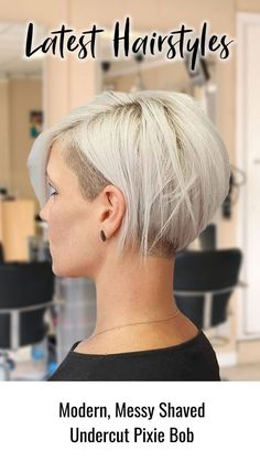 modern-messy-shaved-undercut-bob Undercut Pixie Bob, Pixie Bobs, Shaved Pixie, Pixie Bob Hairstyles, Undercut Bob, Bob Cuts, Shaved Undercut