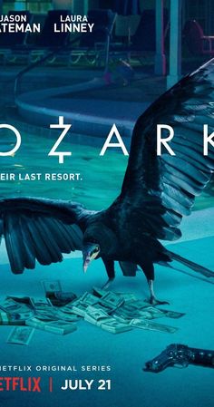 the dvd cover for ozark is shown with an eagle flying over money in front of it