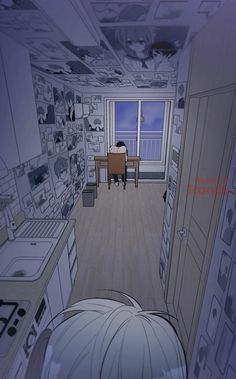 an animated image of a bedroom with a bed, desk and window in the background