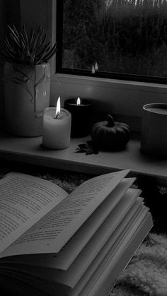 an open book sitting on top of a table next to a candle and potted plant