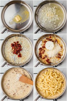 six pans filled with different types of food and one has cheese on the top