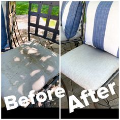 before and after photos of patio chairs with cushions on them, one is blue and the other is white