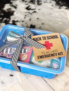 back to school teacher emergency kit in a blue container