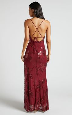 You’ll never want to take off our Out Till Dawn Dress! Featuring a deep V-neckline, low back, and sensual thigh-high split, this bombshell party dress is sure to make a statement. An outer layer of fine mesh embellished with sequins in an opulent floral pattern rounds out this glamorous look. Pair this maxi with sky-high heels and stay out till dawn!Shop all Showpo.Product Details Invisible zip with hook-and-eye closure on centre back Self fastening shoulder straps that cross over at back Vegas Formal Dress, Original Prom Dress, Aussie Formal Dresses, Crazy Prom Dresses, Wine Prom Dress, Alternative Prom Dress, Thigh Split Dress, Prom Dress Uk, Maroon Prom Dress