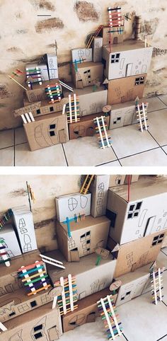 two pictures of cardboard boxes stacked on top of each other with colored pencils sticking out of them