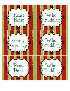 four red and green striped labels with the words, who's pudding?