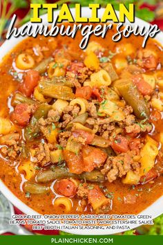 italian hamburger soup in a white bowl on a red and green tablecloth with text overlay