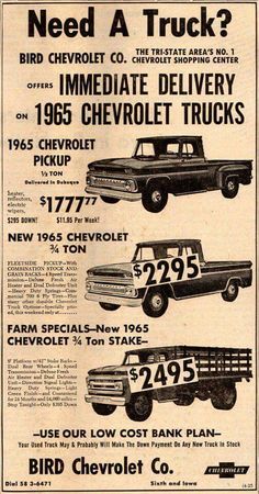 an old advertisement for chevrolet trucks with prices