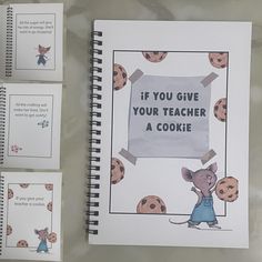 a notebook with some stickers on it next to an open notepad that says, if you give your teacher a cookie