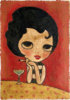 a painting of a woman sitting at a table with a martini in front of her