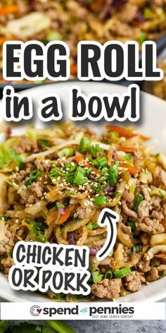 egg roll in a bowl with chicken or pork on top and green onions around the edges