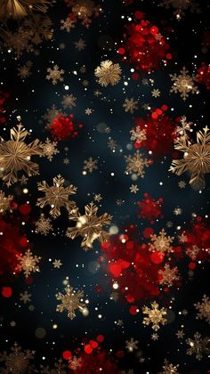 snowflakes on a black background with red and gold glitters in the foreground