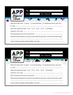 two forms of application form with question marks on the front and back pages, one for app design