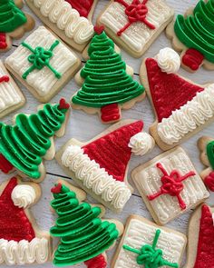 christmas cookies decorated with green and red icing