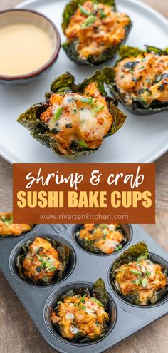 baked sushi cups made with shrimp and imitation crab. Topped with spicy mayo sauce. Shrimp Nori Cups, Sushi Cups Shrimp, Seafood Snackers Recipes, Sushi Muffin Tin, Mini Sushi Cups, Deconstructed Sushi Bowl Crab, Sushi Recipes Baked, Vegetarian Sushi Cups, Egg Carton Sushi