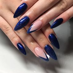 Prom Nails Dark Blue And Silver, Silver And Royal Blue Nails Prom, Dark Blue Nail Ideas Acrylic, Royal Blue And Silver Nails Prom, Dark Blue Nails Design, Royal Blue Glitter Nails, Royal Blue Prom Nails, Navy And Silver Nails, Navy Blue Nail Designs