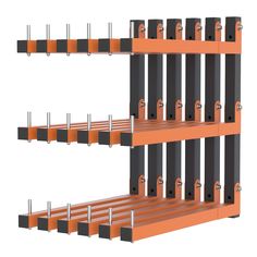 an orange and black rack with metal bars