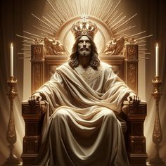 jesus sitting on a throne with candles in front of him and the light coming from his head