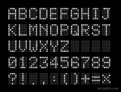 a set of pixel font and numbers on a black background with white dots in the middle