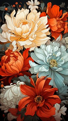 a bunch of flowers that are in the middle of a painting with red, white and blue colors