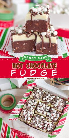 chocolate fudge candy bars are stacked on top of each other with the words hot chocolate fudge above them