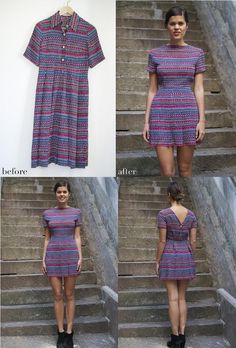 three different pictures of a woman in a short dress and boots standing next to some stairs