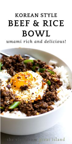 a Korean beef and rice bowl topped with an egg Korean Ground Beef And Rice Bowls, Groundbeefrecipes Easy, Korean Dinner Ideas, Ground Beef Rice Bowl, Korean Beef Rice Bowls, Dishes With Rice, Korean Beef And Rice, Korean Beef Rice Bowl