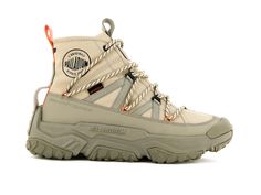 a pair of white hiking boots with orange laces on the outstratches