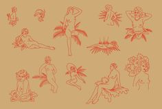 an orange line drawing of women in bathing suits and bikinis, with palm trees