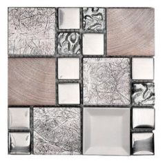 a mosaic tile design with silver and brown squares on the back ground, in various shades of gray